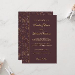 Convite Casamento Floral Chocolate Dourado Moderno e Elega