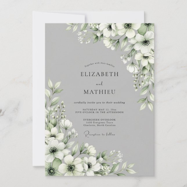 Convite Casamento Floral Cinza (Frente)