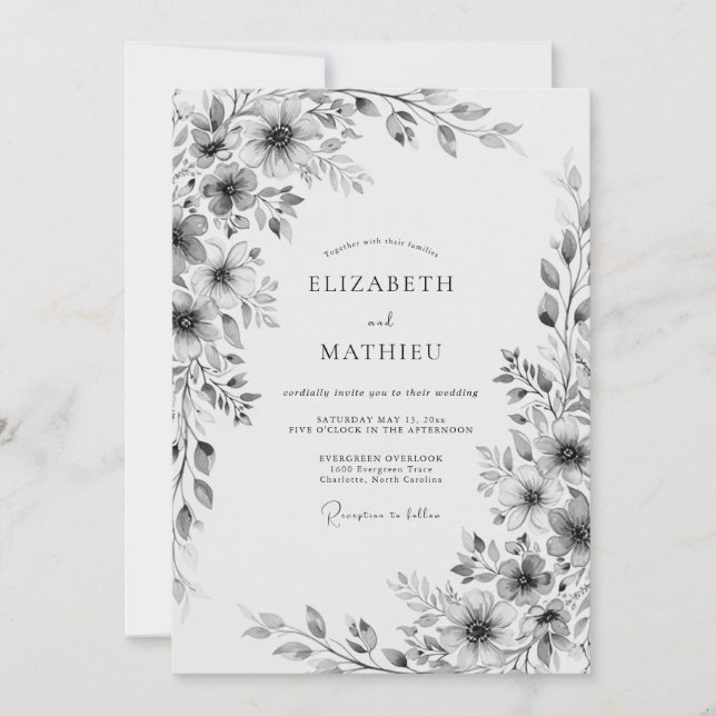 Convite Casamento Floral Cinza (Frente)