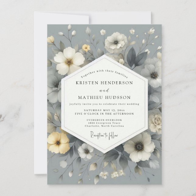 Convite Casamento Floral Cinza Ardósia (Frente)