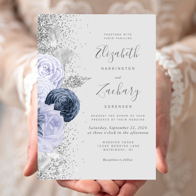 Convite Casamento Floral Cinza Azul Lilás Prata (Criador carregado)