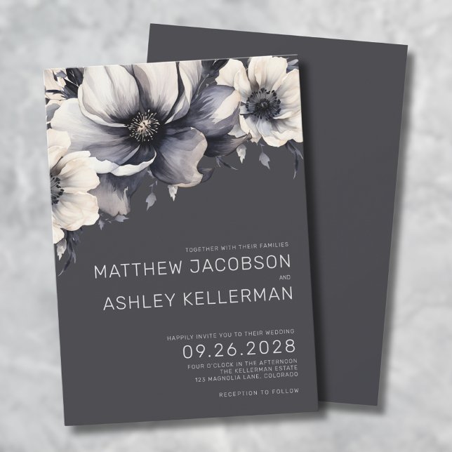 Convite Casamento Floral Cinza Elegante (Elegant Modern Gray Floral Wedding Invitation)