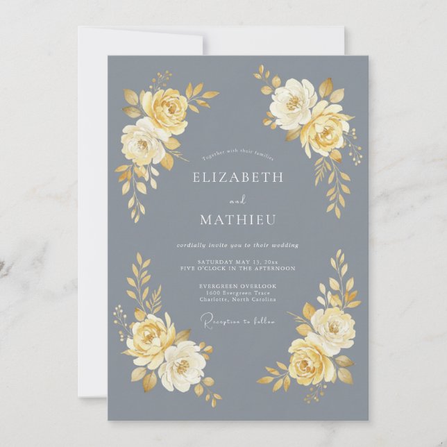 Convite Casamento Floral Cinza Flor de Ouro (Frente)