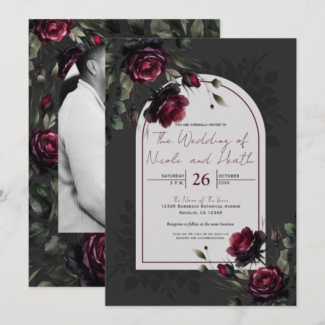 Convite Casamento Floral Cinza Sombrio Rosas Vermelhas de  (Frente/Verso)