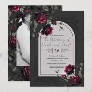 Convite Casamento Floral Cinza Sombrio Rosas Vermelhas de
