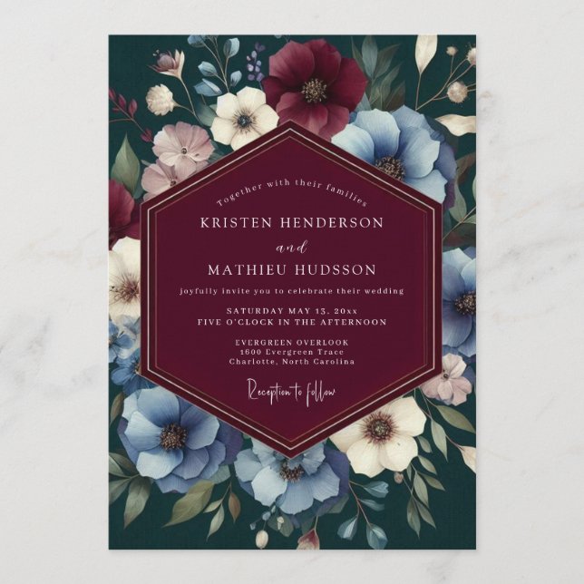 Convite Casamento Floral Claret Moody (Frente)