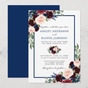 Convite Casamento Floral Clássico Azul Elegante