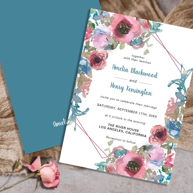 Convite Casamento Floral Clássico Azul-Teal e Cor-de-Água  (Criador carregado)