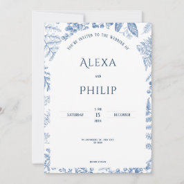 Convite Casamento Floral Clássico Branco Azul Moderno