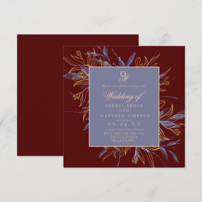 Convite Casamento Floral Clássico Burgundy Marinho (Frente/Verso)