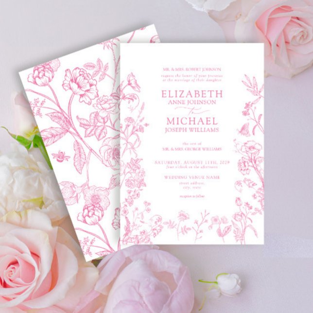 Convite Casamento Floral Clássico Chinoiserie Rosa (Criador carregado)
