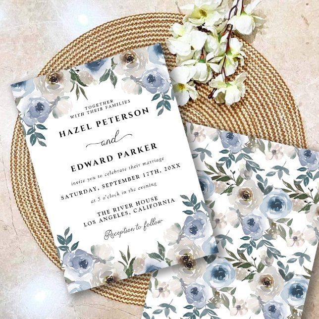 Convite Casamento Floral Clássico com Dusty Blue Watercolo (Classic Dusty Blue Watercolor Floral Wedding Invitation)