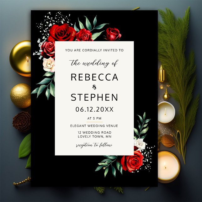 Convite Casamento Floral Clássico da Rosa vermelha Moderna (Criador carregado)