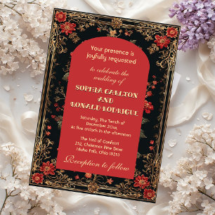 Convite Casamento Floral Clássico de Natal Vermelho Chinoi