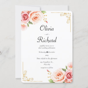Convite Casamento Floral Clássico de Peony Rosa
