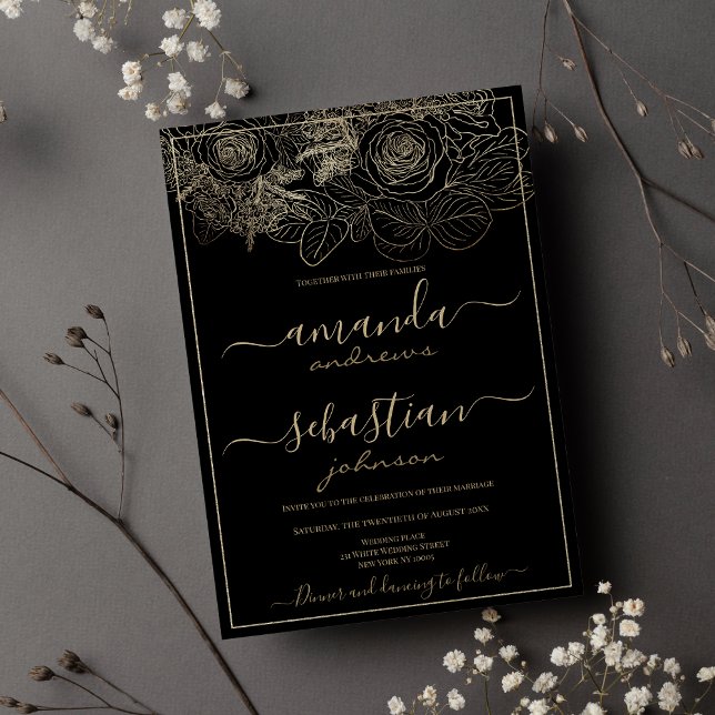 Convite Casamento floral clássico de rosas negros e de our (Classy black and gold roses floral wedding invitation)