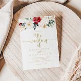 Convite Casamento Floral Clássico Dourado Burgundy de