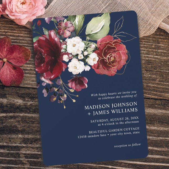 Convite Casamento Floral Clássico Dourado Burgundy Waterco (Classic Gold Burgundy Watercolor Floral Wedding Invitation)