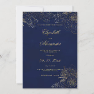 Convite Casamento floral clássico elegante azul naval dour