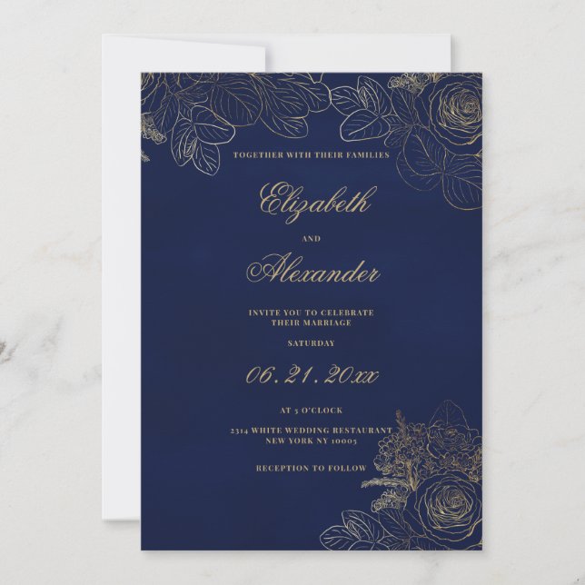 Convite Casamento floral clássico elegante azul naval dour (Frente)
