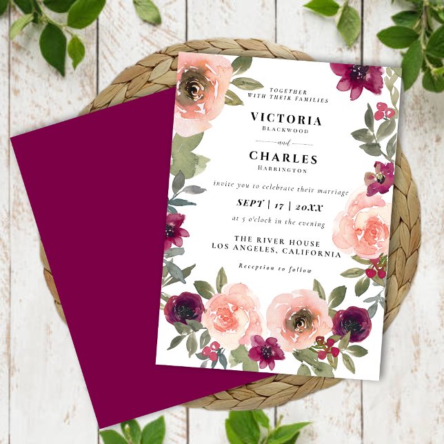 Convite Casamento Floral Clássico Elegante Blush Watercolo (Classic Elegant Blush Watercolor Floral Wedding Invitation)