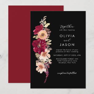 Convite Casamento Floral Clássico Elegante Dark Burgundy