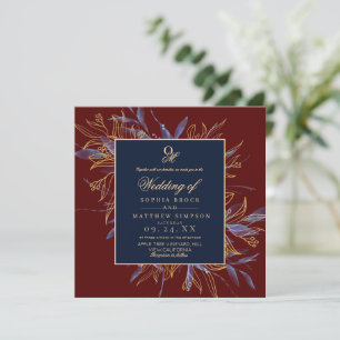 Convite Casamento Floral Clássico em Burgundy Azul-Naval