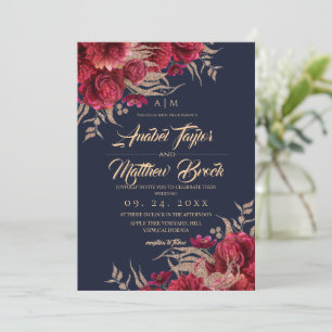 Convite Casamento Floral Clássico em Burgundy e Azul Marin
