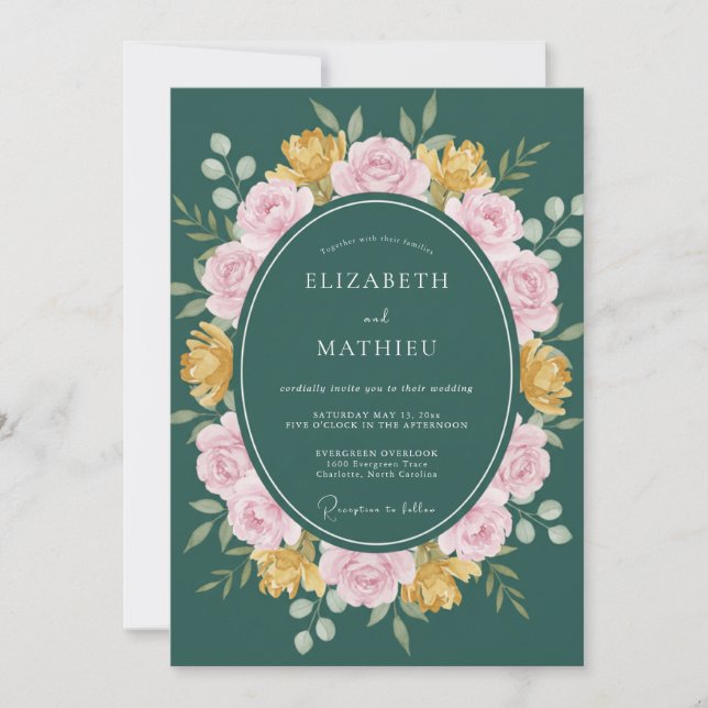 Convite Casamento Floral Clássico em Verde Caçador (Frente)