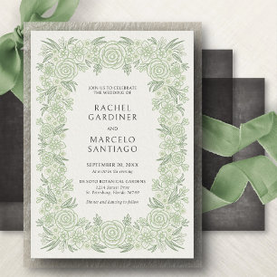 Convite Casamento Floral Clássico em Verde Sálvia