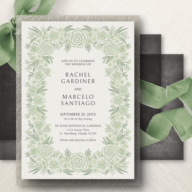 Convite Casamento Floral Clássico em Verde Sálvia (Criador carregado)