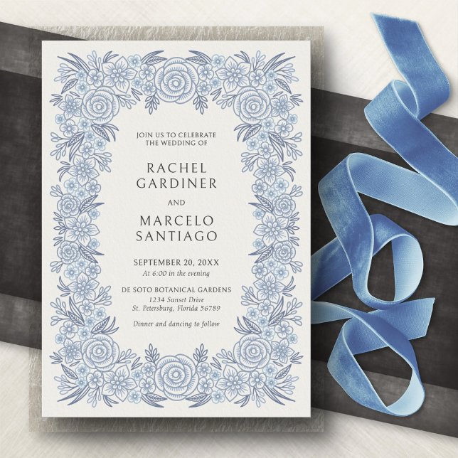Convite Casamento Floral Clássico Francês Azul Empoeirado (Criador carregado)