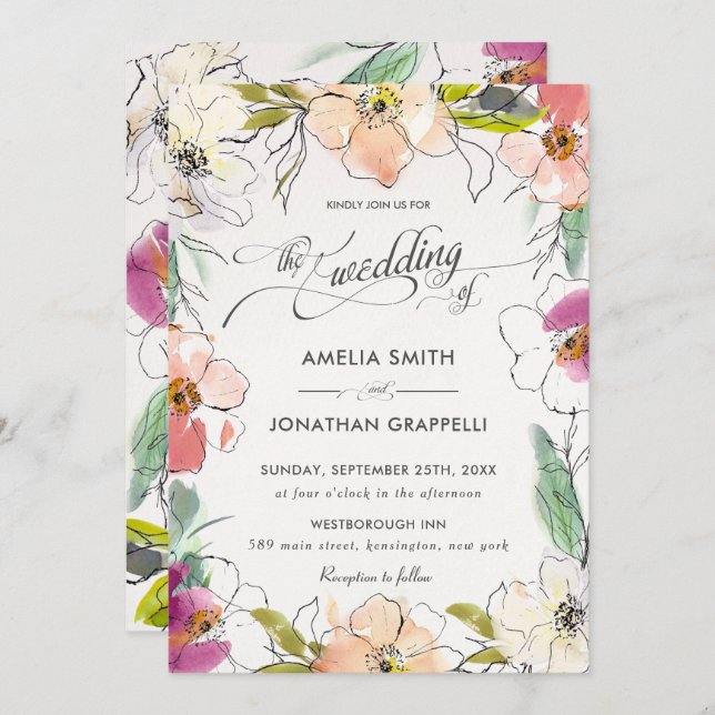 Convite Casamento Floral Clássico Moderno Elegante De Aqua (Frente/Verso)