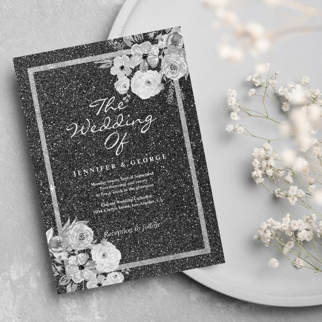 Convite Casamento floral clássico preto branco prata brilh (Classic black white silver glitter floral wedding)