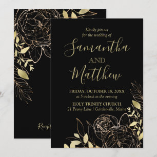 Convite Casamento Floral Clássico Preto e Dourado Peony M