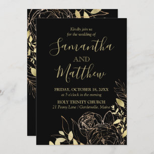 Convite Casamento Floral Clássico Preto e Dourado Peony Mo