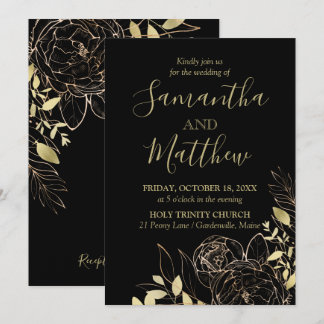 Convite Casamento Floral Clássico Preto e Dourado Peony Mo