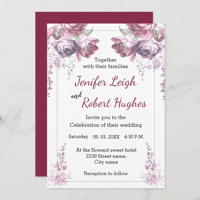 Convite Casamento floral clássico Ultra violeta e rosa (Frente/Verso)