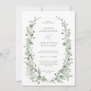 Convite Casamento Floral Clássico Vintage em Verde Sálvia