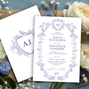 Convite Casamento floral clássico vitoriano francês azul e