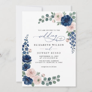 Convite Casamento Floral Código QR Azul Marinho e Bege