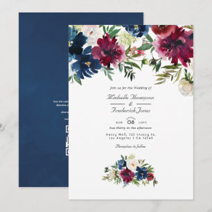 Convite Casamento Floral Código QR Bordo e Azul Marinho Aq