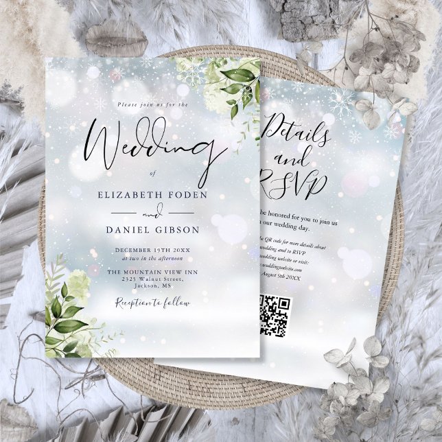 Convite Casamento Floral Código QR de Vegetação de Inverno (Winter Greenery Floral QR Code Wedding Invitation)