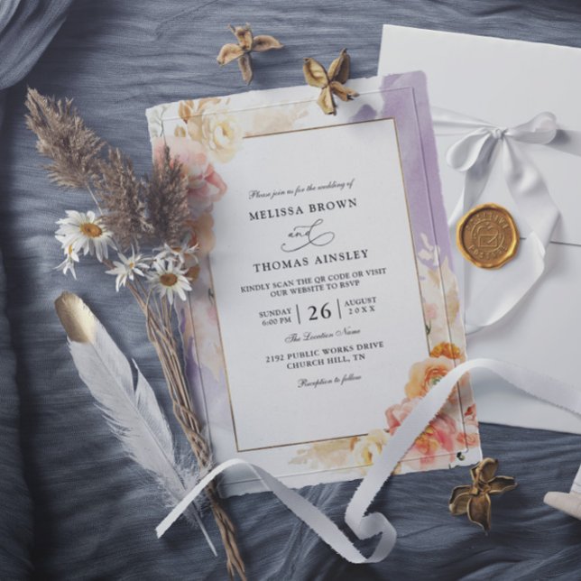 Convite Casamento Floral Código QR Orçamento Rosa Pêssego  (Criador carregado)