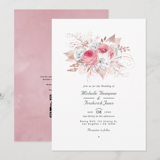 Convite Casamento Floral Código QR Rosa Bege e Dourado Ros (Frente/Verso)
