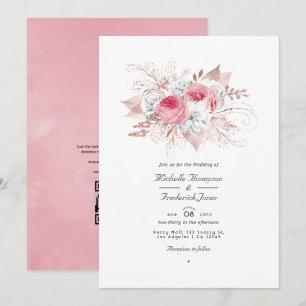 Convite Casamento Floral Código QR Rosa Bege e Dourado Ros