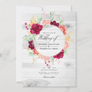 Convite Casamento Floral Código QR Rústico Borgonha e Rosa