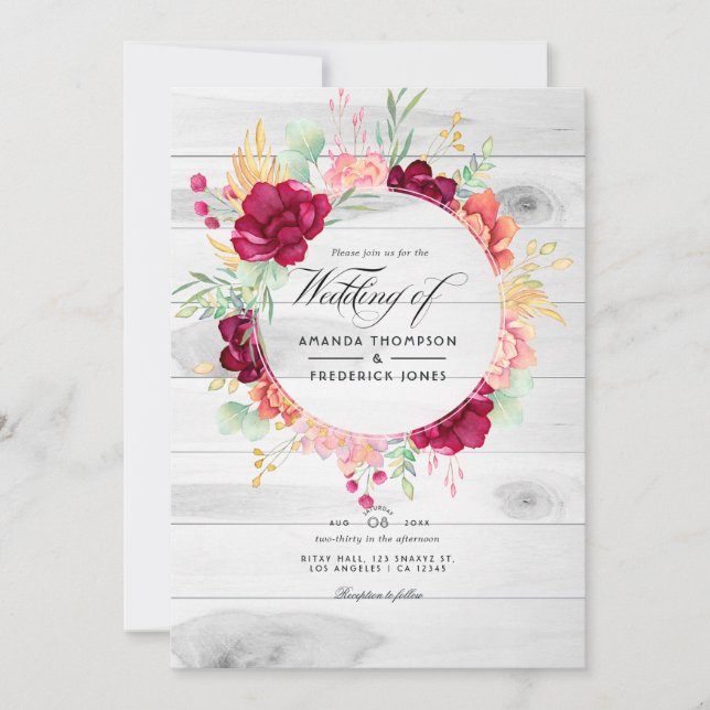 Convite Casamento Floral Código QR Rústico Borgonha e Rosa (Frente)