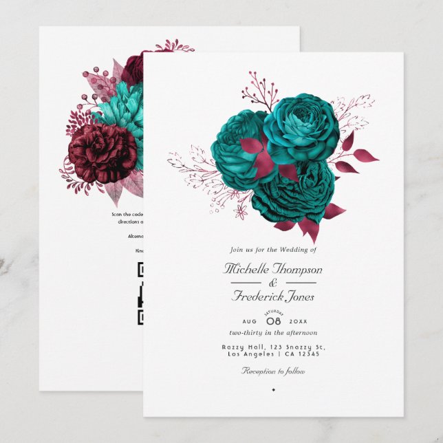 Convite Casamento Floral Código QR Turquesa e Borgonha (Frente/Verso)