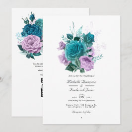 Convite Casamento Floral Código QR Turquesa e Lavanda